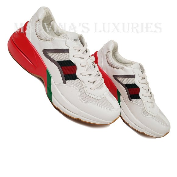 GUCCI SNEAKERS RHYTON WHITE LEATHER FABRIC with WEB CHUNKY SHOES sz 9 9.5 - Picture 5 of 15